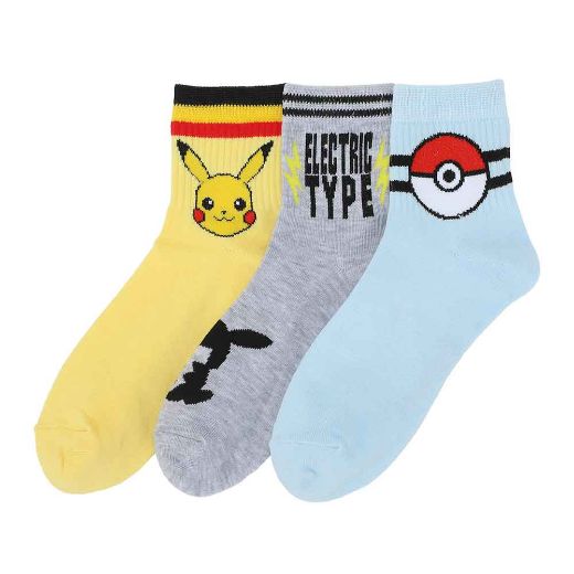 Picture of Pokemon Pikachu Electric Type 3 Pair Quarter Crew Socks